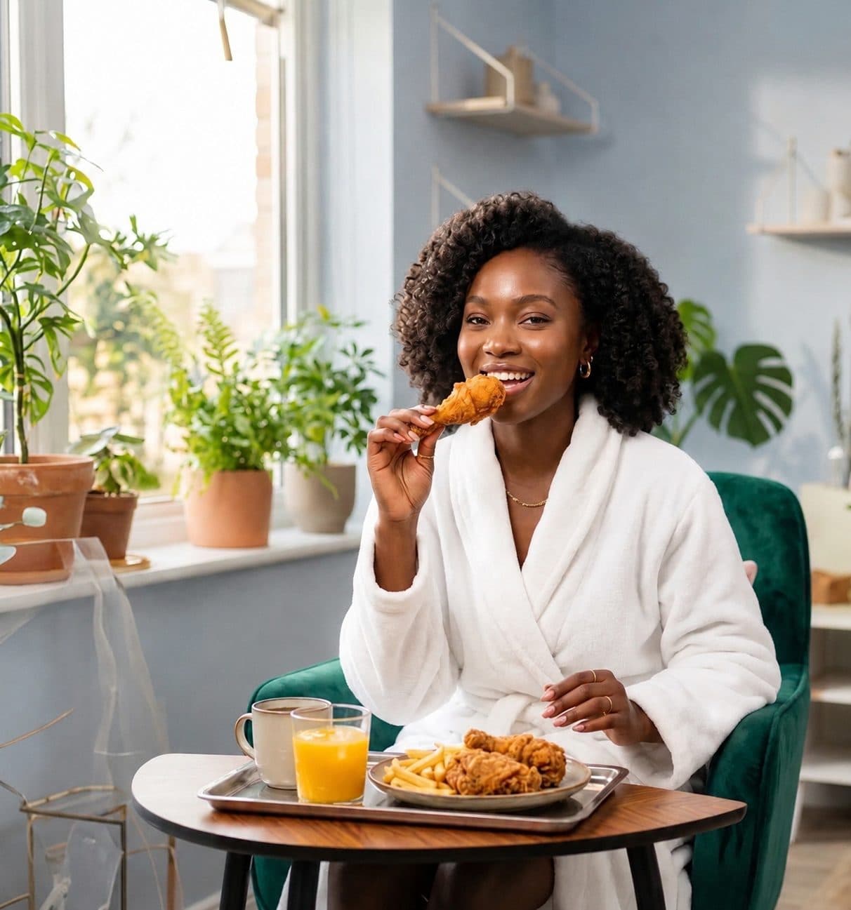 A customer enjoying hot fried chicken and fries delivered to her home